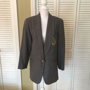 Vintage Bloomingdale’s Grey Wool Cashmere Blend Blazer with Gold Crest Size M